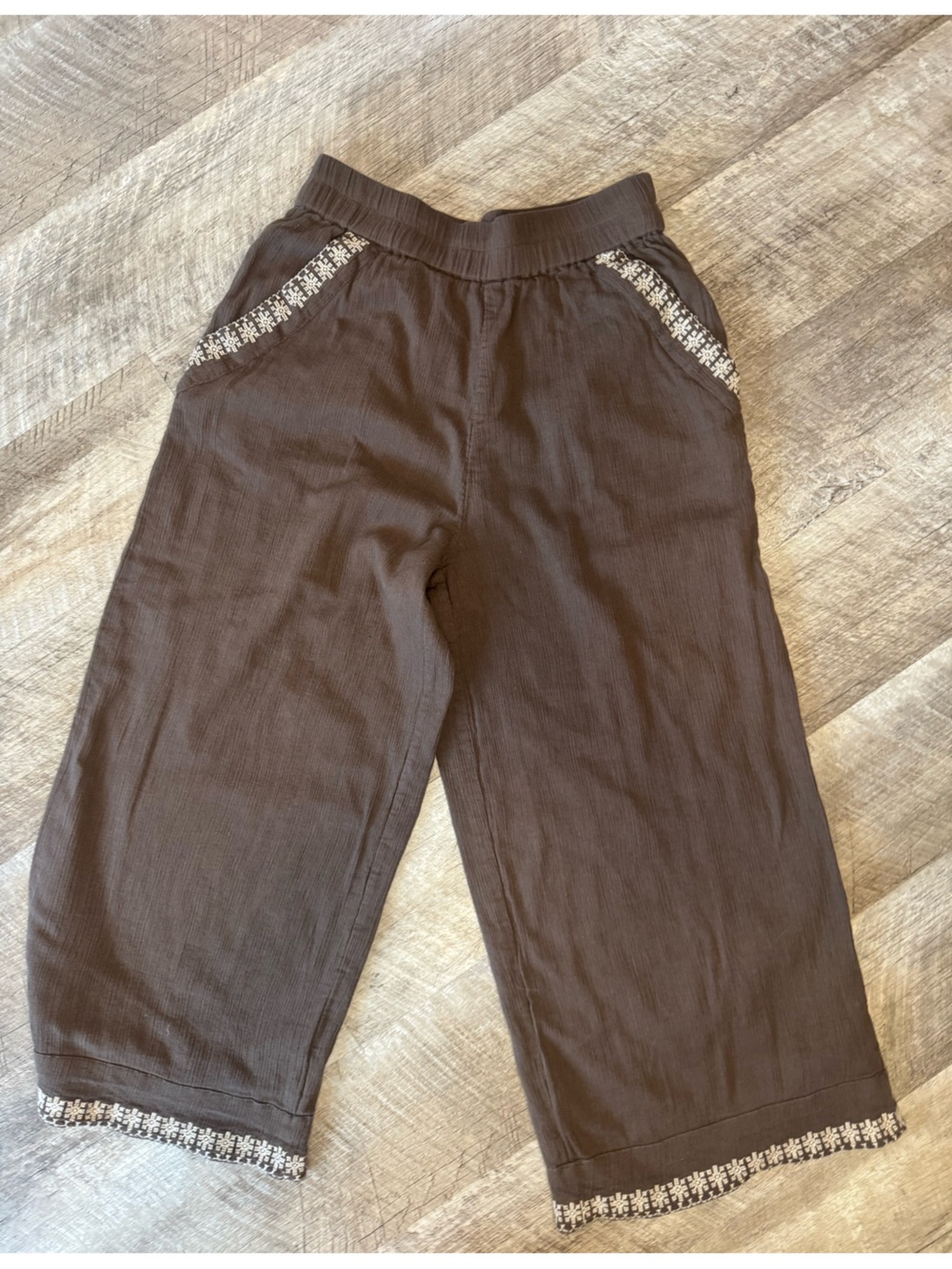 Garnet Hill Brown Textured Cotton Wide Leg Capris Elastic-Waist Pants
